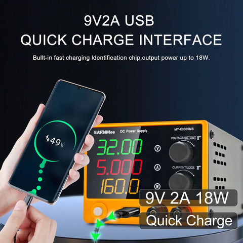 Variable DC Power Supply 30V 5A Benchtop Lab Power Source with 4 Digit Display demonstrating USB fast charging.
