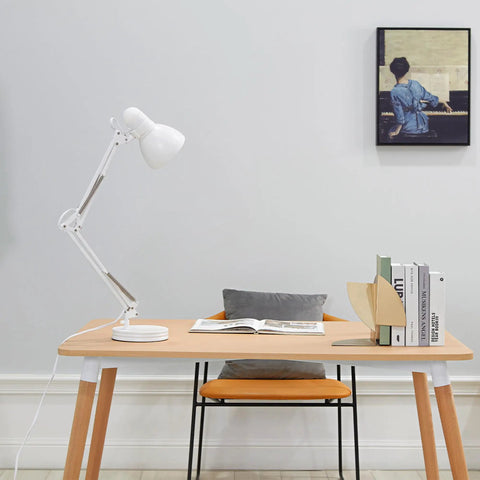 28 Inch Swing Arm Architect Desk Lamp Matte White With Rotary Switch On Shade on wooden desk setup in modern office space.
