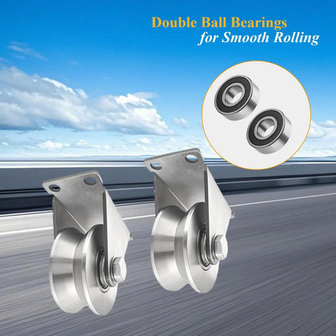 Hella Tough Stainless Steel V Groove Plate Casters With Double Ball Bearing Track Rollers For Heavy Duty Sliding Gates And Commercial Warehouses close-up of smooth rolling double ball bearings and stainless steel casters