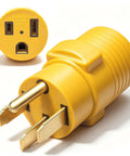 Heavy Duty Nema 14 50P To 6 50R Welder Adapter Cord 50 Amp 4 Prong RV Generator Male Plug close-up image showing durable yellow vinyl jacket.