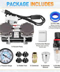 50L/min oil-free dual-cylinder vacuum pump kit with gauge, oil water separator, connector, PTFE tape, four rubber feet