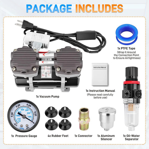 50L/min oil-free dual-cylinder vacuum pump kit with gauge, oil water separator, connector, PTFE tape, four rubber feet
