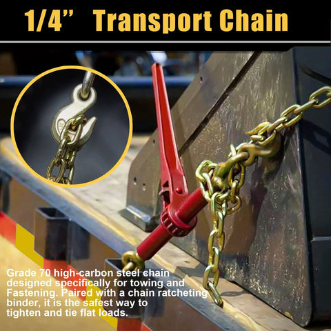 Transport Binder Chain 1/4 Inch Grade 70 Tie Down Chains With Clevis Grab Hooks securing cargo on flatbed trailer
