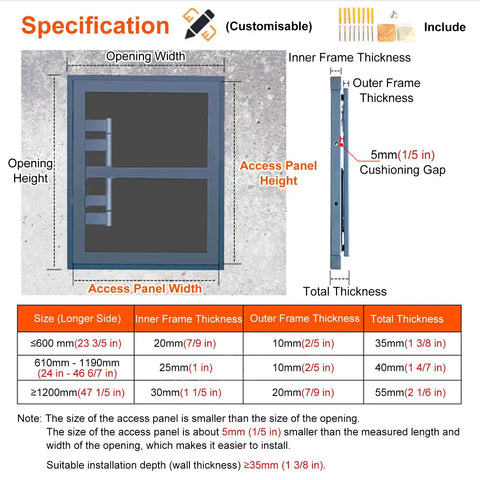 Beefy Metal Access Panel Featuring A Slick Pop Open Mechanism For Tile Walls And Ceilings Super Waterproof Indoor Outdoor Plumbing Hole Cover specifications with dimensions and thickness.