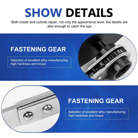 Close-up of fastening gear on brake caliper compression tool with rotating ratchet 4 in 1 caliper press and wrench.