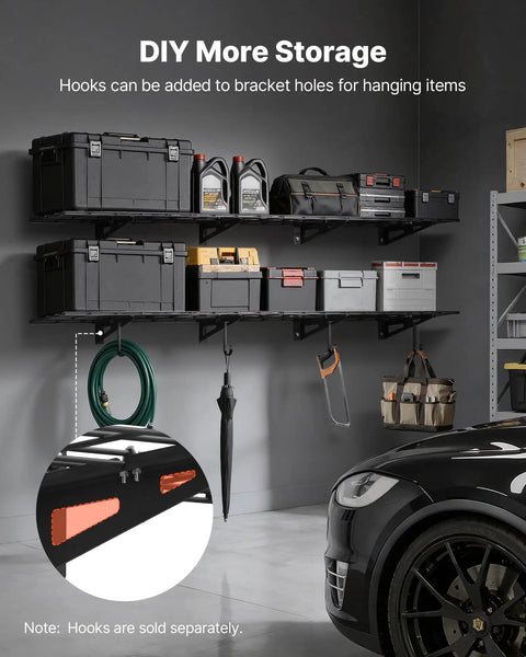 2-Pack Heavy Duty Garage Wall Shelving Units, 6-Foot Long Steel Wall Mounted Shelves with tools and storage boxes, garage view