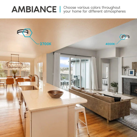 Interior kitchen and living room with Lit 18 Inch LED Flush Mount Ceiling Light, showing 2700K and 4000K color temperature options.