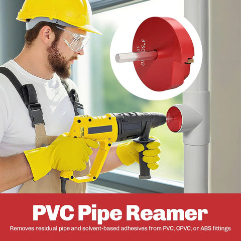 Worker uses Pro Grade 9 Piece PVC Pipe Reamer Kit with reamer attached to drill for cleaning PVC pipe joint.