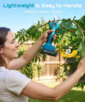 Woman using Cordless Pruning Shears For Garden, 1.2 Inch Cutting, Brushless Motor, Dual 2000mAh Batteries on tree branch.