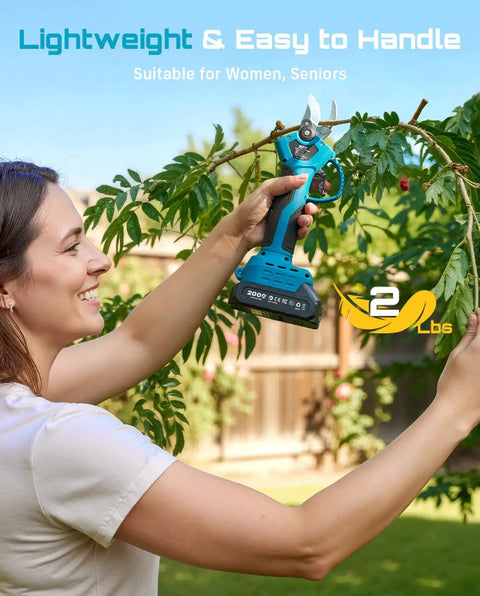 Woman using Cordless Pruning Shears For Garden, 1.2 Inch Cutting, Brushless Motor, Dual 2000mAh Batteries on tree branch.