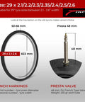 Pack Of 2 29 Inch Bike Inner Tubes With 48mm Presta Valve For Mountain And Hybrid Bikes Fits 29 Inch Tires From 2.1 To 2.6 Inches Made From Durable Butyl Rubber For Easy Inflation And Reliable Air Retention Ride Ready, showing inch markings and Presta valve, 622 mm diameter.
