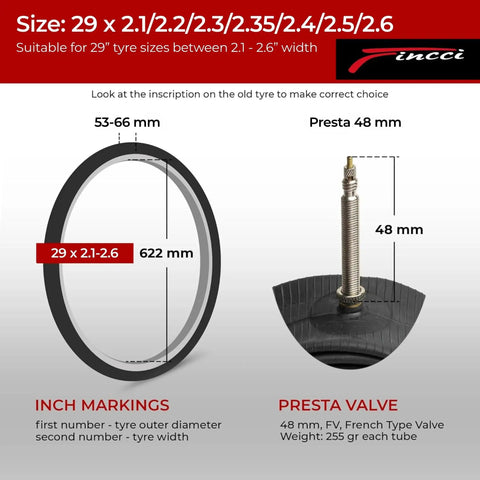 Pack Of 2 29 Inch Bike Inner Tubes With 48mm Presta Valve For Mountain And Hybrid Bikes Fits 29 Inch Tires From 2.1 To 2.6 Inches Made From Durable Butyl Rubber For Easy Inflation And Reliable Air Retention Ride Ready, showing inch markings and Presta valve, 622 mm diameter.