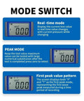 Digital Fruit Penetrometer Hardness Tester To Nail Down Ripeness Levels With Straight Up Pinpoint Readings Real Time Peak Modes Integrated Limit Alert Buzzer For Top Notch Harvest Quality Control mode switch display with real-time and peak mode readings.