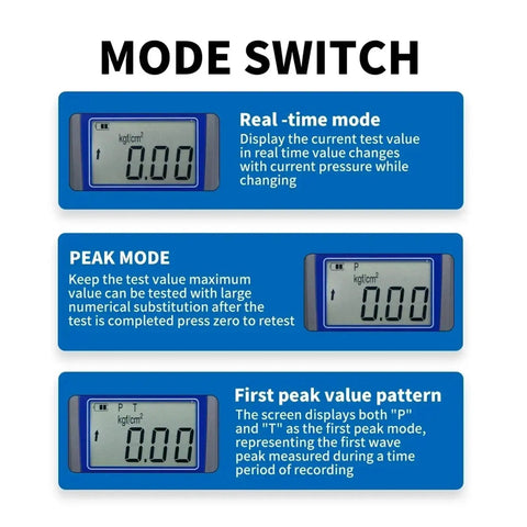 Digital Fruit Penetrometer Hardness Tester To Nail Down Ripeness Levels With Straight Up Pinpoint Readings Real Time Peak Modes Integrated Limit Alert Buzzer For Top Notch Harvest Quality Control mode switch display with real-time and peak mode readings.