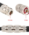 Close-up of 2 Pack 50 Ohm N Type Male Connectors for Coax Cable showing N male and N female configuration details.