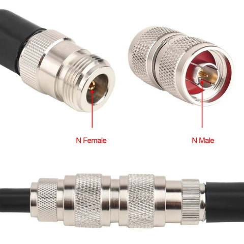 Close-up of 2 Pack 50 Ohm N Type Male Connectors for Coax Cable showing N male and N female configuration details.