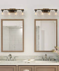 Rustic Farmhouse Vanity Light Fixture With Mason Jar Glass Shades White Wood Finish above double sinks in bathroom