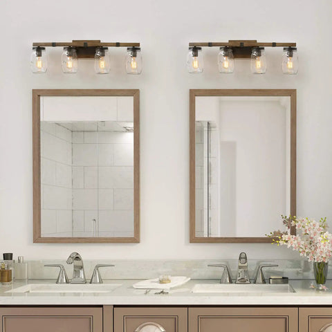 Rustic Farmhouse Vanity Light Fixture With Mason Jar Glass Shades White Wood Finish above double sinks in bathroom