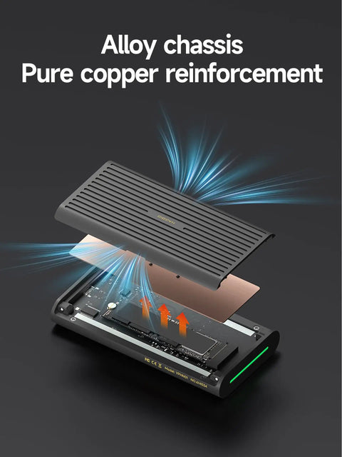 Blazing 80Gbps M.2 NVMe SSD Enclosure showcasing alloy chassis and copper reinforcement for optimal cooling and performance.