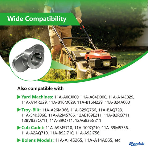 Rock Solid Heavy Duty Blade Adapter 25Mm Shaft With 1.19 Inch Bow Tie fits walk behind mowers, detailed compatibility list shown.