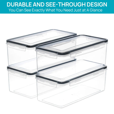 Airtight Food Storage Containers With Lids 4 Pack 3.2L Plastic Spaghetti Canisters with transparent sides and black lids.