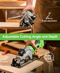 TaskStar 4-1/2 Inch Mini Circular Saw Laser Guide in use at a 45° cutting angle on wood for home DIY projects.