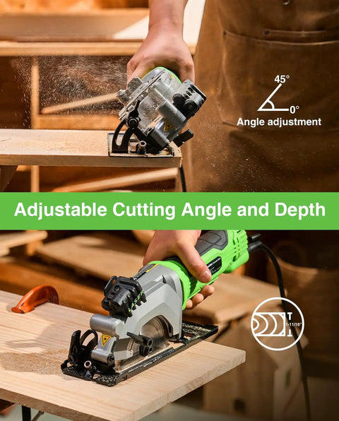 TaskStar 4-1/2 Inch Mini Circular Saw Laser Guide in use at a 45° cutting angle on wood for home DIY projects.