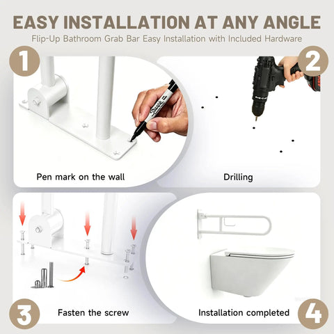 Top Shelf 22.5 Inch Toilet Grab Bar U Shaped Flip Up Safety Rail With Built In Toilet Paper Holder installation steps.
