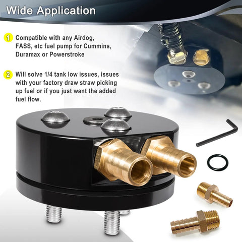 Diesel Fuel Tank Sump Kit With Dual Port Integrated Return For Airdog FASS Cummins Duramax Powerstroke Engines Built From Billet Aluminum With Black Anodized Finish