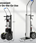 Heavy Duty Electric Stair Climbing Dolly Cart With 1300W Motor Lifts Up To 900 Lbs Smoothly For Moving Furniture Logistics Warehouse Jobs Quick Speed Settings, showing dimensions and features.