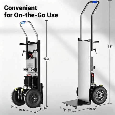 Heavy Duty Electric Stair Climbing Dolly Cart With 1300W Motor Lifts Up To 900 Lbs Smoothly For Moving Furniture Logistics Warehouse Jobs Quick Speed Settings, showing dimensions and features.