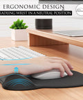 Ergonomic Mouse Pad With Gel Wrist Rest For Pain Relief, Non Slip PU Base, Black, shown on desk with hand using mouse