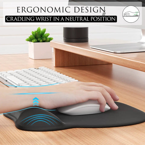 Ergonomic Mouse Pad With Gel Wrist Rest For Pain Relief, Non Slip PU Base, Black, shown on desk with hand using mouse