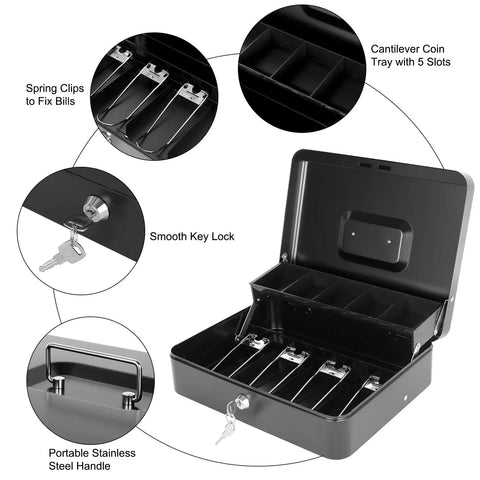 Lockable Cash Box With Money Tray For Cash Register Till, Metal Heavy Duty Safe Box With Coin And Bill Storage, Large Black Metal Cash Box Measures 11.8 By 9.4 By 3.54 Inches shown open with compartments