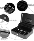 Beefy Locking Cash Box With Money Tray For Cash Registers, Metal Safe Box With Coin Tray And Bill Slots, Large Money Safe Includes Four Keys, Black 11.8 By 9.4 By 3.54 Inches, open with key lock, coin and bill slots visible.