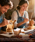 Two people using the Beginner Wood Carving Kit with blocks, carving knives, detailing tools, paints, and templates on the table.