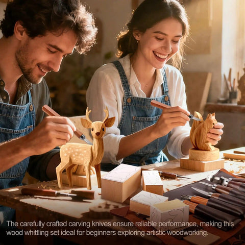 Two people using the Beginner Wood Carving Kit with blocks, carving knives, detailing tools, paints, and templates on the table.