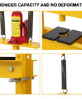 12 Ton Yellow H Frame Hydraulic Press for DIY pros with four height adjustable plates for heavy duty jobs in garage or shop