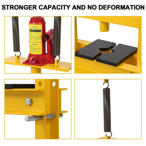 12 Ton Yellow H Frame Hydraulic Press for DIY pros with four height adjustable plates for heavy duty jobs in garage or shop