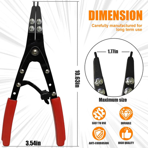Heavy Duty 10 Inch Spindle Snap Ring Pliers Set With Ratchet Lock, black tool with red handles, shown from front view.