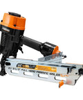 Pneumatic Framing Nailer Workhorse For 21 Degree Nails, orange and black design with round head nails loaded and ready.