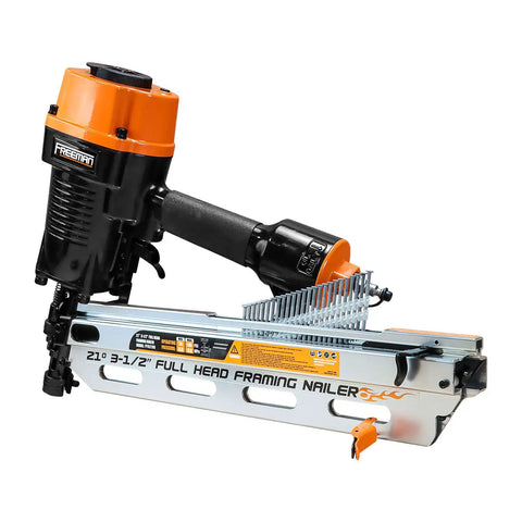 Pneumatic Framing Nailer Workhorse For 21 Degree Nails, orange and black design with round head nails loaded and ready.