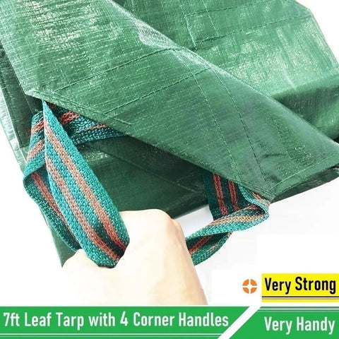 Individual holding green 7x7 Foot Waterproof Leaf Tarp with Four Handles for Yard Cleanup and Outdoor Projects