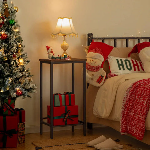 Built Tough Industrial Tall Side Table Featuring Adjustable Mesh Shelves And Rugged Steel Frame Works Like A Charm As A Tall Nightstand For Your Rustic Brown Living Room Setup next to Christmas tree and bed.