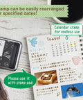 Straight Up Game Changing Perpetual Calendar Stamp Set Featuring 38 Connectable Rubber Date And Weekday Stamps For Smooth Office Admin Hacks And Boss Level Daily Planner Organization shown with stamp pad and planner.
