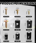 Dimensions of Kickass Premium Heavy Duty Automotive Trim Clip And Screw Assortment Kit with various screws and clips sizes.