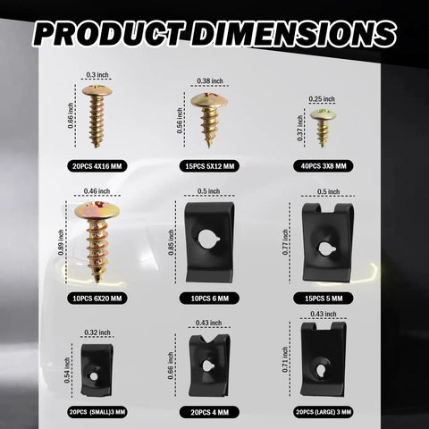 Dimensions of Kickass Premium Heavy Duty Automotive Trim Clip And Screw Assortment Kit with various screws and clips sizes.