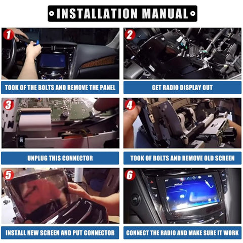 RANSOTO CUE touch screen display replacement installation guide collage for Cadillac dash; six-step manual