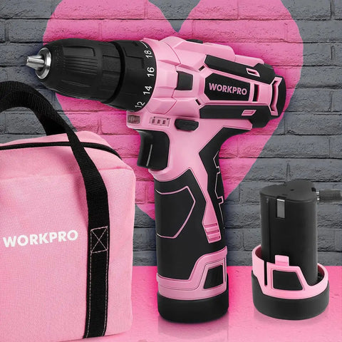 Pink 12V Cordless Drill Driver Kit with 3/8 Inch Keyless Chuck, Charger, and Storage Bag for Home DIY