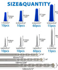 All In One 190 Piece Heavy Duty Wall Anchors And Screws Kit For Drywall And Concrete Masonry with drill bit sizes shown
